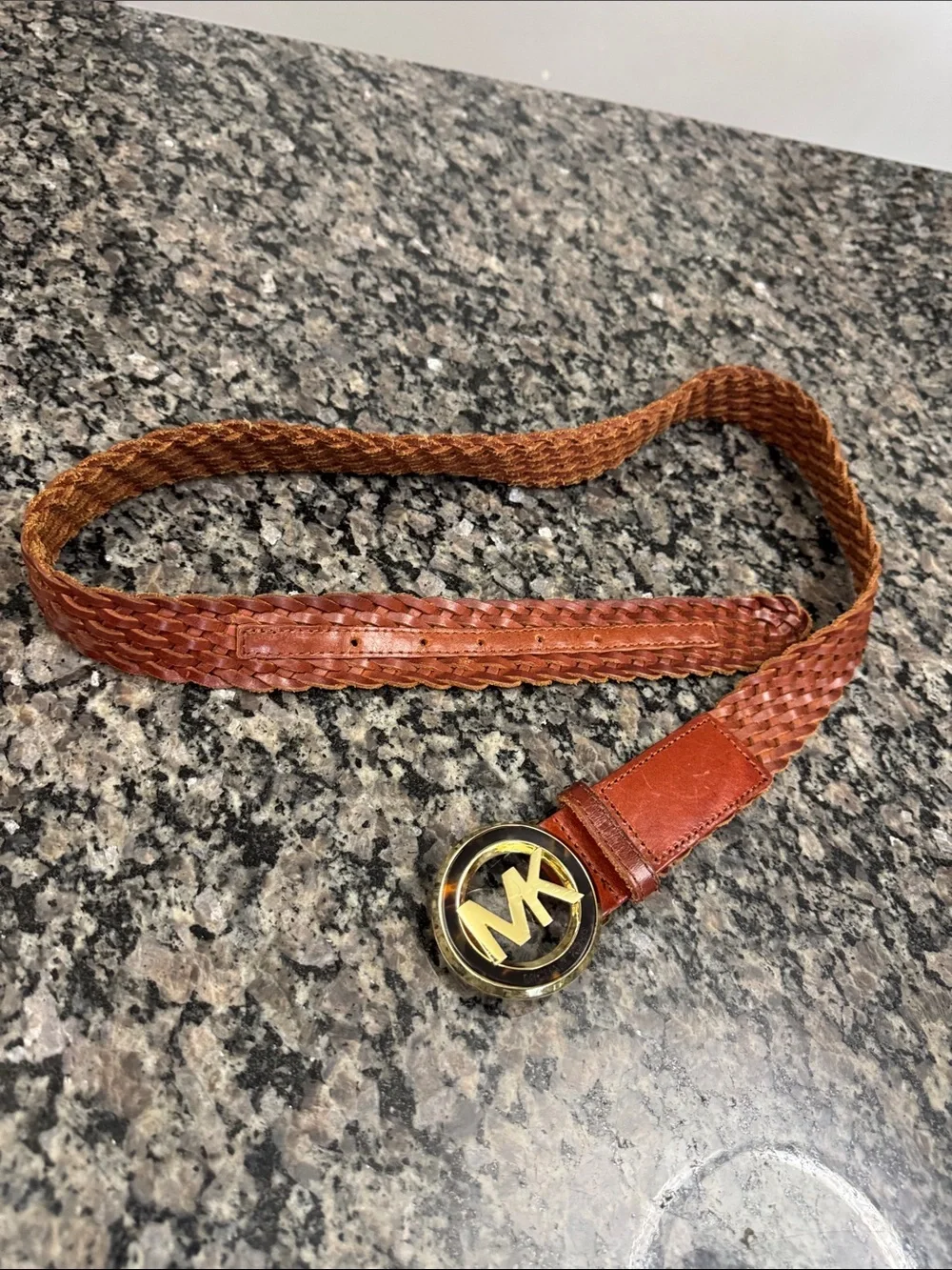 Michael Kors Woven Leather Belt with Gold MK Buckle - Chestnut M -L